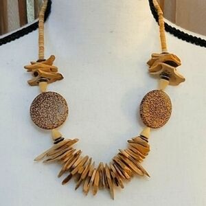VTG Palm Wood Tribal Beaded Statement Chunky Warrior Festival Necklace